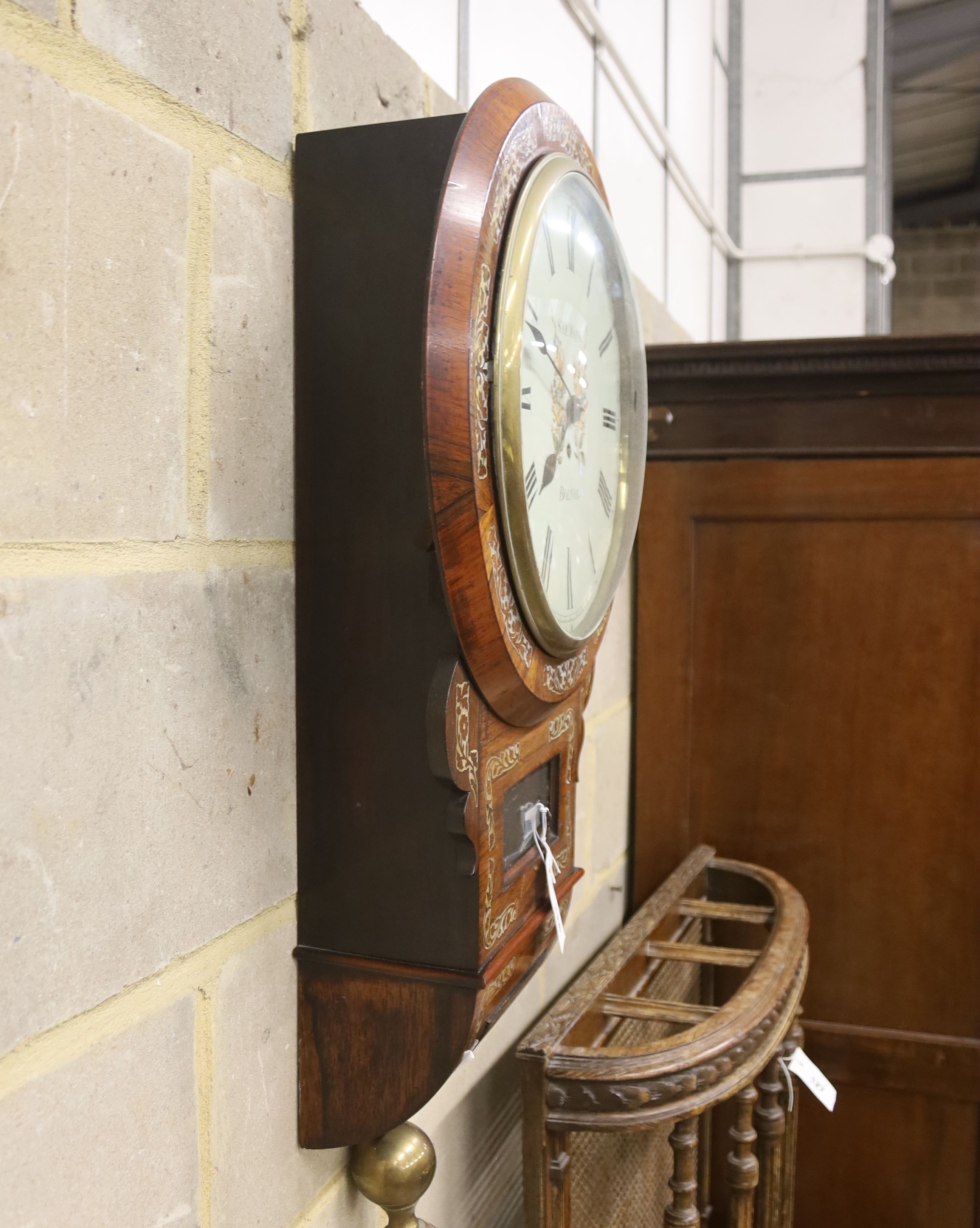 A Regency mother of pearl inlaid drop dial wall clock marked Samuel Monk, Bolton, height 66cm